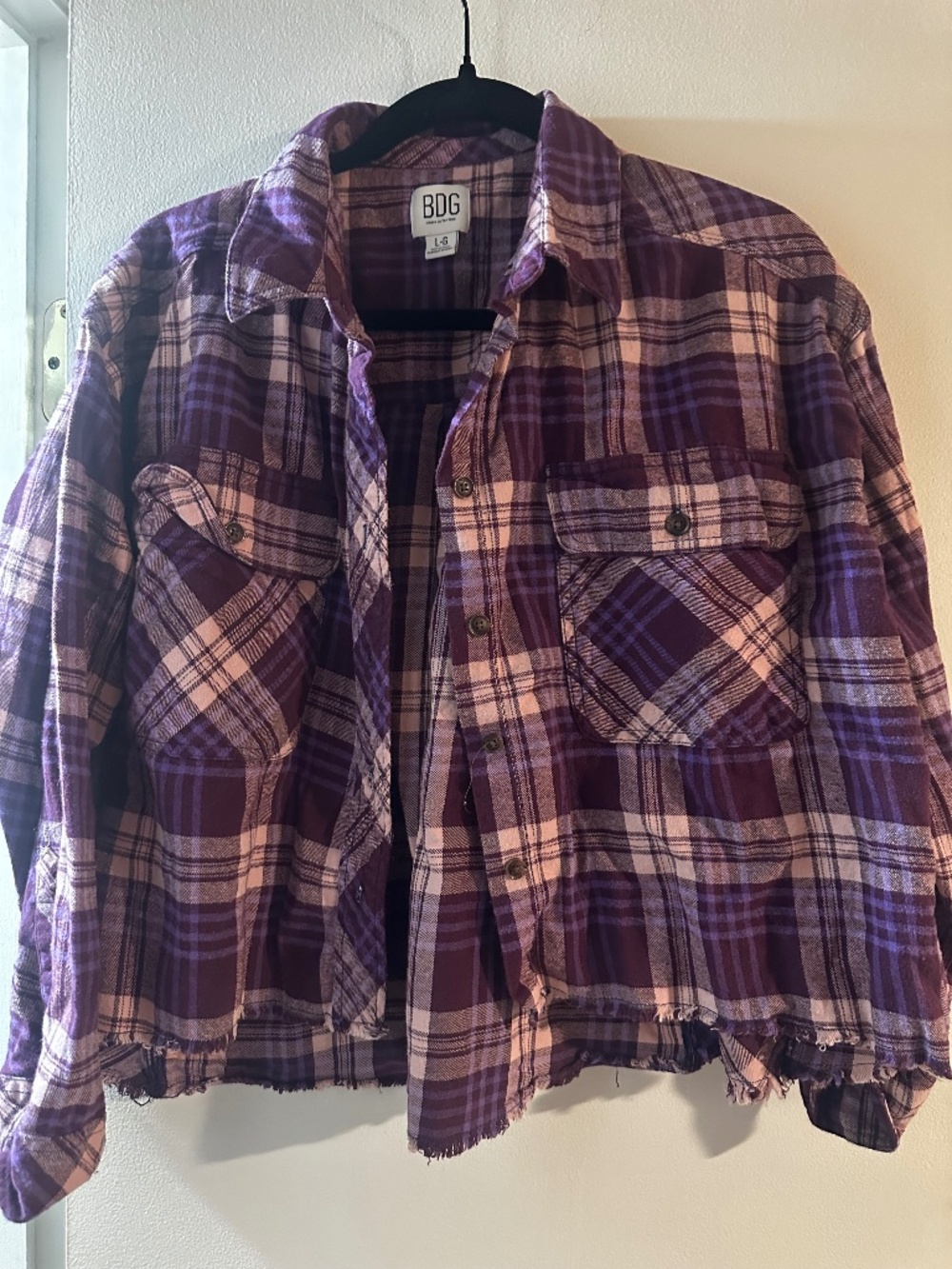 BDG Urban Outfitters Purple Plaid Cropped Raw Hem Flannel Large